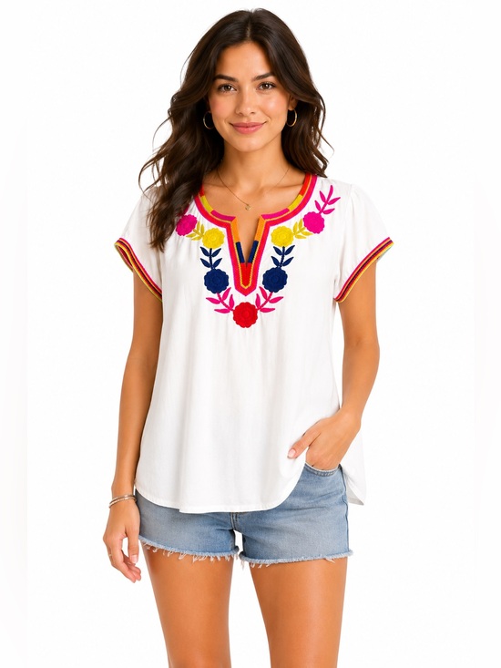 Solitaire Tops - Solitaire Embroidered Mexican Peasant Blouse White Boho Floral Tunic Top